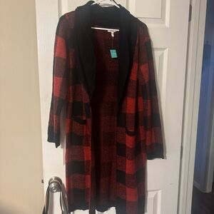Maurices Red and Black Checkered Cardigan